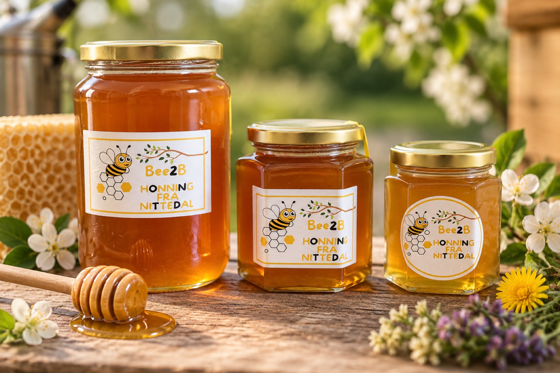 Honningglass fra Bee2B med egen etikett